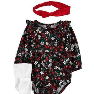 Carter's NWT Baby Girl 6 Months Three Piece Outfit Set Navy Red Floral Tights